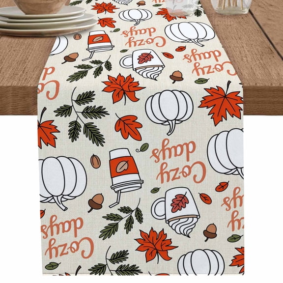 nqOlkjepod Thanksgiving Table Runner 36 Inches Long Farmhouse Dress Scarves, Fall Cartoon Pumpkins Leaves Watercolor Dining Tablerunner for Coffee Table/Kitchen Island/Party Décor, Small 13" x 36"