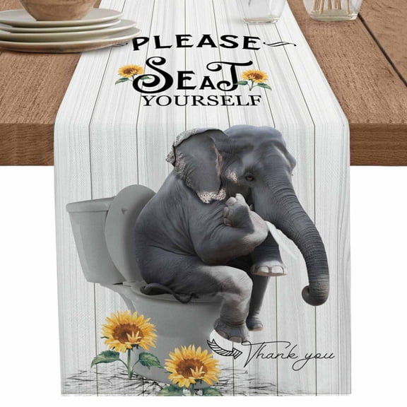 nqOlkjepod Toilet Elephant Table Runner 48 Inches Long Farmhouse Dress Scarves, Funny Animal Sunflower Oil Painting Dining Tablerunner for Coffee Table/Kitchen Island/Party Décor, 13" x 48"