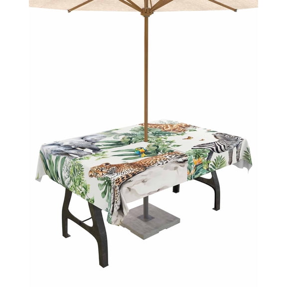 nqOlkjepod Tropical Animals Outdoor Tablecloth with Umbrella Hole & Zipper, Summer Elephant Giraffe Leopard Zebra Rectangle Table Cover 54x80 Inch, Dining Waterproof Table Cloth Protector for Patio