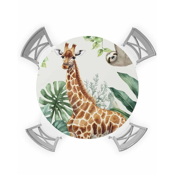 nqOlkjepod Tropical Giraffe Sloth Round Tablecloth, Fitted Table Cover with Elastic for 45"-54" Round Tables, Watercolor Summer Palm Leaf Table Cloth Outdoor Dinning Party Waterproof Tablecloths