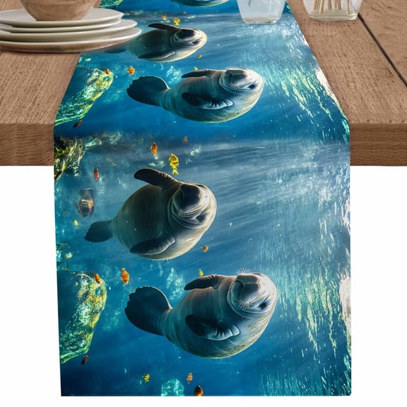 nqOlkjepod Tropical Ocean Sea Lion Table Runner 36 Inches Long Farmhouse Dress Scarves, Coastal Animal Fish Coral Dining Tablerunner for Coffee Table/Kitchen Island/Party Décor, Small 13" x 36"