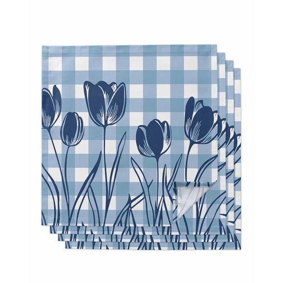 nqOlkjepod Tulip Flowers Cloth Napkins Set of 4 Reusable Dinner Napkins, Pastoral Floral Botanical Blue Plaid Cocktail Napkin Washable Table Napkins for Wedding/Holiday Party/Baby Shower 20"x20"