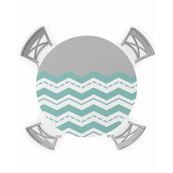 nqOlkjepod Turquoise Chevron Round Tablecloth, Fitted Table Cover with Elastic for 36"-44" Round Tables, Geometric Grey Wavy Striped White Table Cloth Outdoor Dinning Party Waterproof Tablecloths