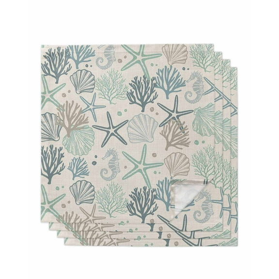 nqOlkjepod Turquoise Coastal Cloth Napkins Set of 4 Reusable Dinner Napkins, Green Ocean Starfish Shell Seahorse Cocktail Napkin Washable Table Napkins for Wedding/Holiday Party/Baby Shower 20"x20"