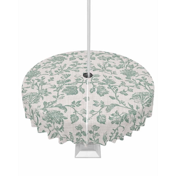 nqOlkjepod Turquoise Farmhouse Outdoor Tablecloth with Umbrella Hole & Zipper, Vintage Flower Leaf Botanical Plant Round Table Cover 54 Inch, Dining Waterproof Table Cloth Protector for Patio/Party