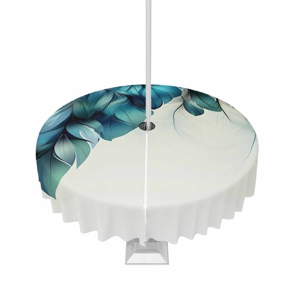 nqOlkjepod Turquoise Feather Outdoor Tablecloth with Umbrella Hole & Zipper, Abstract Beige Peacock Feather Round Table Cover 54 Inch, Dining Waterproof Table Cloth Protector for Patio/Party/Picnic
