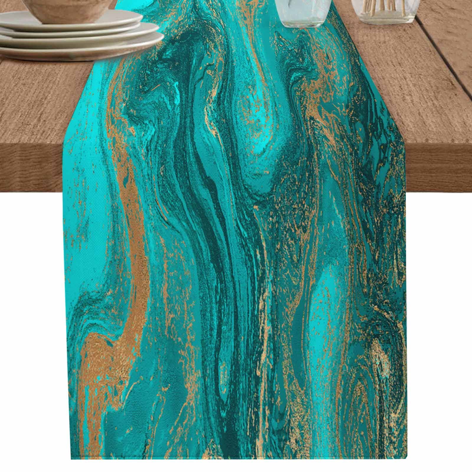 nqOlkjepod Turquoise Marble Table Runner 72 Inches Long Farmhouse Dress ...