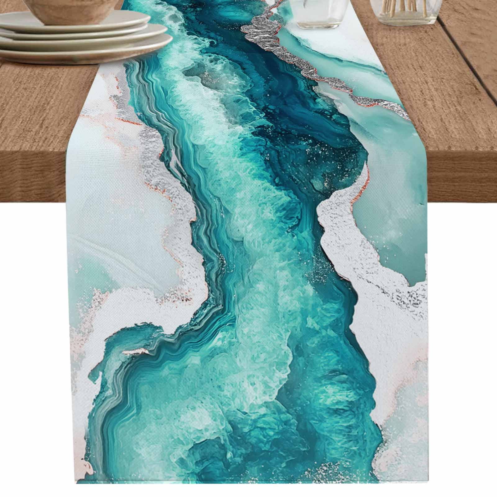 nqOlkjepod Turquoise Marble Table Runner 72 Inches Long Farmhouse Dress ...