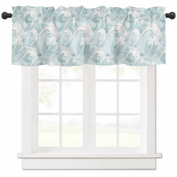 nqOlkjepod Turquoise Ocean Waves Farmhouse Short Window Curtain Valances, Moire Seaside Abstract Art Rod Pocket Kitchen Valances for Living Room Bedroom Bathroom Cafe, 1 Panel - 42" x 18"