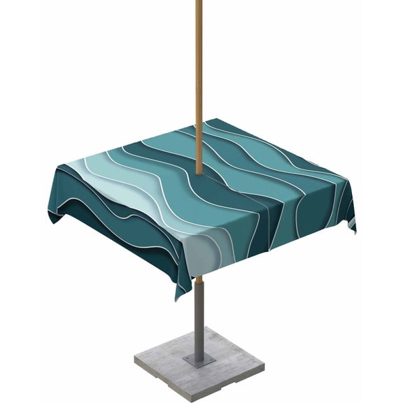 nqOlkjepod Turquoise Ombre Outdoor Tablecloth with Umbrella Hole & Zipper, Abstract Art Moire Ocean Waves Square Table Cover 54x54 Inch, Dining Waterproof Table Cloth Protector for Patio/Party