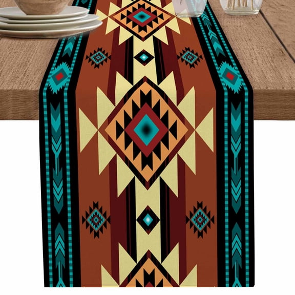 nqOlkjepod Turquoise Red Table Runner 108 Inches Long Farmhouse Dress Scarves, Southwest American Native Abstract Pattern Dining Tablerunner for Coffee Table/Kitchen Island/Party Décor, 13" x 108"