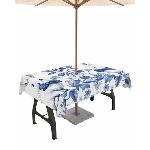 nqOlkjepod Vintage Bunny Easter Outdoor Tablecloth with Umbrella Hole & Zipper, Pastoral Rabbit Spring Floral Rectangle Table Cover 52x70 Inch, Dining Waterproof Table Cloth Protector for Patio
