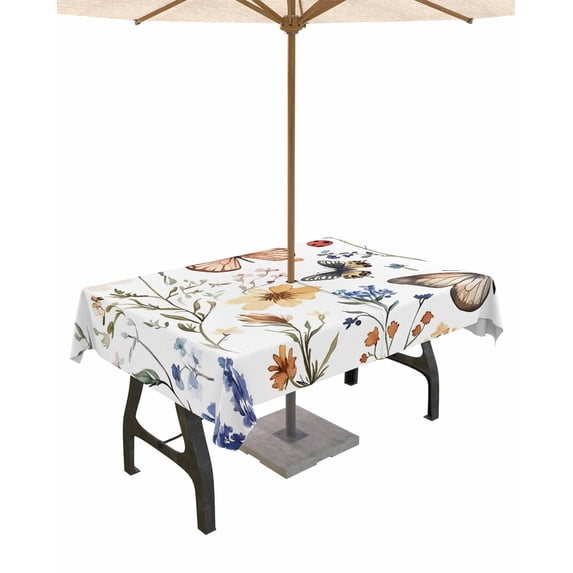 nqOlkjepod Vintage Butterfly Floral Outdoor Tablecloth with Umbrella Hole & Zipper, Spring Botanical Watercolors Rectangle Table Cover 52x70 Inch, Dining Waterproof Table Cloth Protector for Patio