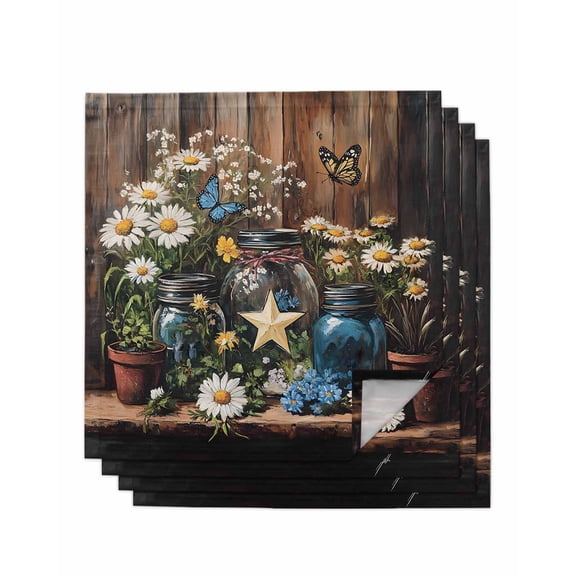 nqOlkjepod Vintage Flower Cloth Napkins Set of 4 Reusable Dinner Napkins, Country Barn Star Daisies Butterfly Wood Cocktail Napkin Washable Table Napkins for Wedding/Party/Baby Shower 20"x20"