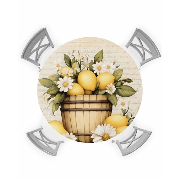 nqOlkjepod Vintage Lemon Round Tablecloth, Fitted Table Cover with Elastic for 36"-44" Round Tables, Yellow Fruit Blossoming Botanical Flower Table Cloth Outdoor Dinning Party Waterproof Tablecloths