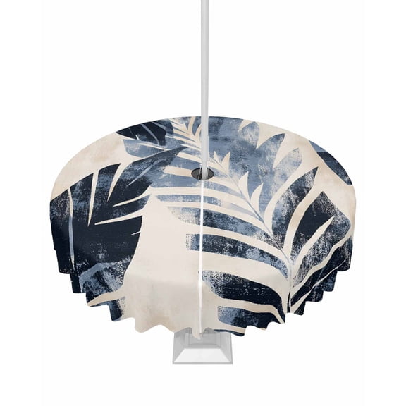 nqOlkjepod Vintage Navy Blue Botanical Outdoor Tablecloth with Umbrella Hole & Zipper, Retro Tropical Leaves Round Table Cover 60 Inch, Dining Waterproof Table Cloth Protector for Patio/Party/Picnic