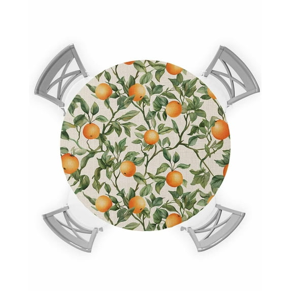 nqOlkjepod Vintage Orange Green Leaves Round Tablecloth, Fitted Table Cover with Elastic for 55"-60" Round Tables, Farmhouse Botanical Linen Table Cloth Outdoor Dinning Party Waterproof Tablecloths