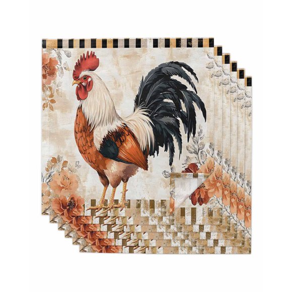 nqOlkjepod Vintage Rooster Cloth Napkins Set of 6 Reusable Dinner Napkins, Spring Floral Elegant Animals Cocktail Napkin Washable Table Napkins for Wedding/Holiday Party/Baby Shower 20"x20"