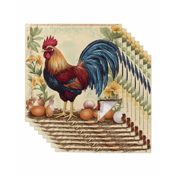 nqOlkjepod Vintage Rooster Cloth Napkins Set of 8 Reusable Dinner Napkins, Retro Summer Flowers Pastoral Cocktail Napkin Washable Table Napkins for Wedding/Holiday Party/Baby Shower 20"x20"