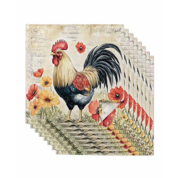 nqOlkjepod Vintage Rooster Cloth Napkins Set of 8 Reusable Dinner Napkins, Spring Floral Watercolor Farmhouse Animals Cocktail Napkin Washable Table Napkins for Wedding/Party/Baby Shower 20"x20"