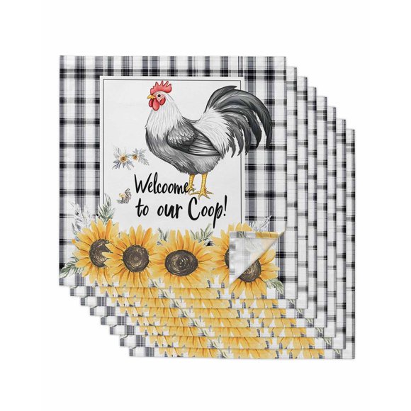 nqOlkjepod Vintage Rooster Cloth Napkins Set of 8 Reusable Dinner Napkins, Sunflower Checkered Watercolor Animals Cocktail Napkin Washable Table Napkins for Wedding/Holiday Party/Baby Shower 20"x20"