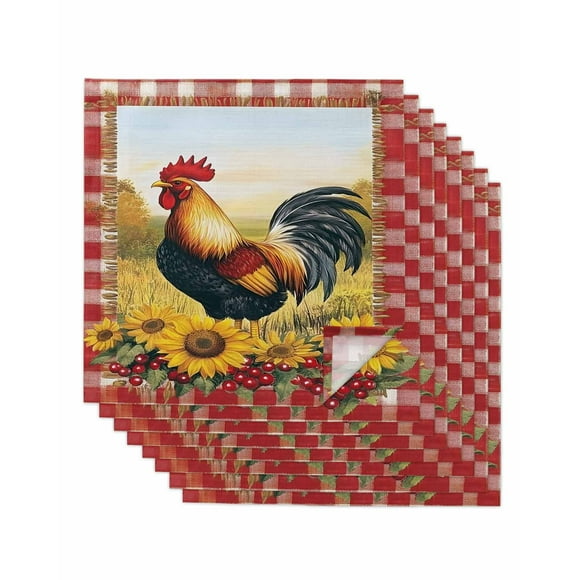 nqOlkjepod Vintage Rooster Cloth Napkins Set of 8 Reusable Dinner Napkins, Yellow Sunflower Red Plaid Farmhouse Cocktail Napkin Washable Table Napkins for Wedding/Holiday Party/Baby Shower 20"x20"