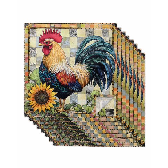 nqOlkjepod Vintage Rooster Cloth Napkins Set of 8 Reusable Dinner Napkins, Yellow Sunflower Watercolor Animals Cocktail Napkin Washable Table Napkins for Wedding/Holiday Party/Baby Shower 20"x20"