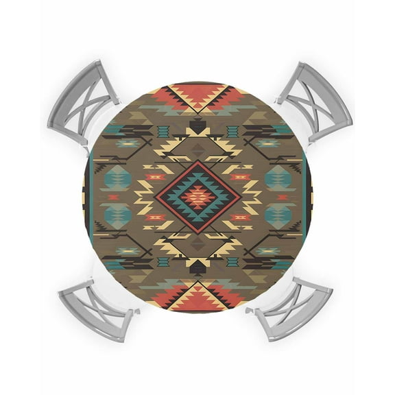 nqOlkjepod Vintage Southwest Round Tablecloth, Fitted Table Cover with Elastic for 36"-44" Round Tables, Ethnic Modern Geometric Table Cloth Outdoor Indoor Dinning Party Waterproof Tablecloths