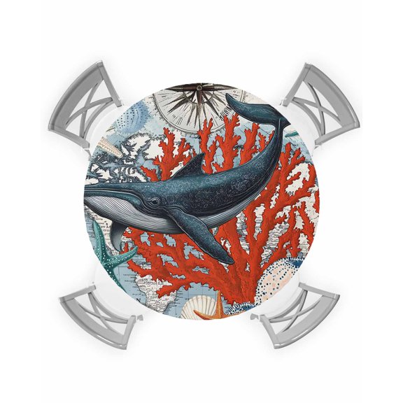 nqOlkjepod Vintage Whale Round Tablecloth, Fitted Table Cover with Elastic for 45"-54" Round Tables, Retro Coastal Coral Nautical Ocean Table Cloth Outdoor Dinning Party Waterproof Tablecloths