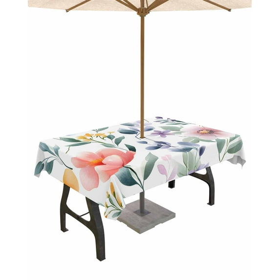nqOlkjepod Watercolor Floral Outdoor Tablecloth with Umbrella Hole & Zipper, Vintage Eucalyptus Spring Flower Rectangle Table Cover 60x84 Inch, Dining Waterproof Table Cloth Protector for Patio