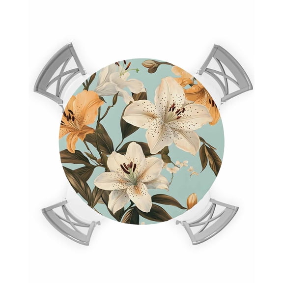 nqOlkjepod Watercolor Flower Round Tablecloth, Fitted Table Cover with Elastic for 55"-60" Round Tables, Lily Seasonal Botanical Blooms Summer Table Cloth Dinning Party Waterproof Tablecloths