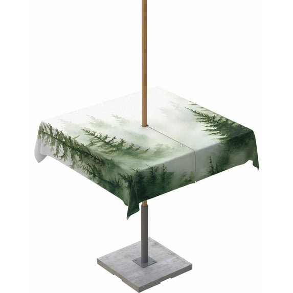 nqOlkjepod Watercolor Forest Outdoor Tablecloth with Umbrella Hole & Zipper, Green Foggy Natural Landscape Plants Square Table Cover 54x54 Inch, Dining Waterproof Table Cloth Protector for Patio