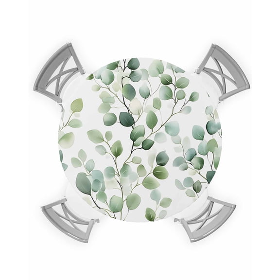 nqOlkjepod Watercolor Leaves Round Tablecloth, Fitted Table Cover with Elastic for 36"-44" Round Tables, Eucalyptus Leaf Sprigs Monochrome Table Cloth Outdoor Dinning Party Waterproof Tablecloths