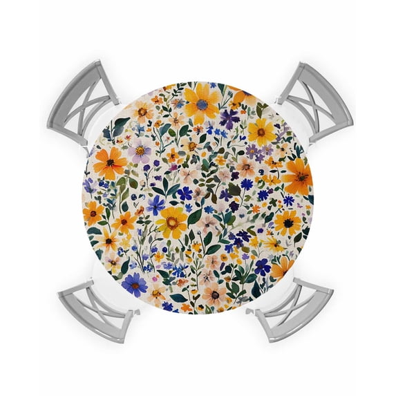 nqOlkjepod Watercolor Wildflowers Round Tablecloth, Fitted Table Cover with Elastic for 36"-44" Round Tables, Colorful Spring Botanical Flowers Table Cloth Dinning Party Waterproof Tablecloths