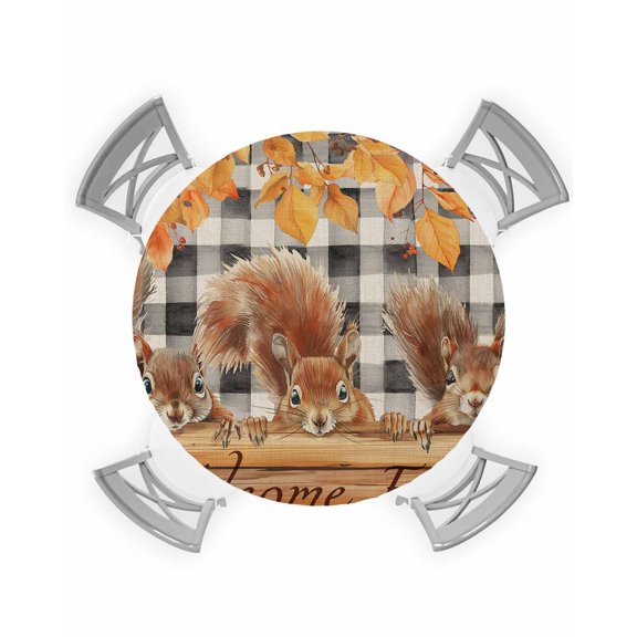 nqOlkjepod Welcome Fall Squirrel Round Tablecloth, Fitted Table Cover with Elastic for 36"-44" Round Tables, Thanksgiving Botanical Plaid Table Cloth Outdoor Dinning Party Waterproof Tablecloths