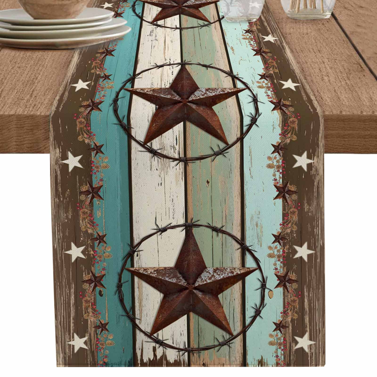 nqOlkjepod West Texas Star Rustic Table Runner 72 Inches Long Farmhouse Dress Scarves, Farmhouse Teal Green Wood Plank Dining Tablerunner for Coffee Table/Kitchen Island/Party Décor, 13" x 72"
