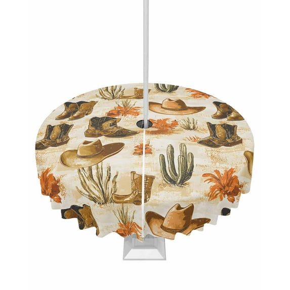 nqOlkjepod Western Cowboy Outdoor Tablecloth with Umbrella Hole & Zipper, Vintage Brown Desert Botanical Round Table Cover 60 Inch, Dining Waterproof Table Cloth Protector for Patio/Party/Picnic
