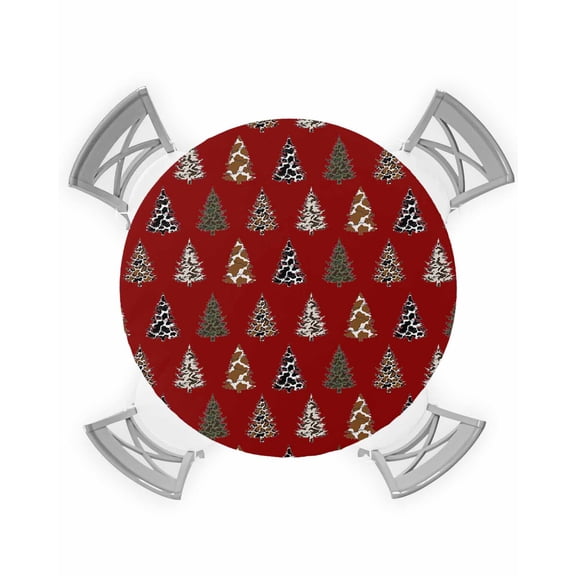 nqOlkjepod Western Red Christmas Round Tablecloth, Fitted Table Cover with Elastic for 36"-44" Round Tables, Xmas Tree Cowboy Christmas Table Cloth Outdoor Dinning Party Waterproof Tablecloths