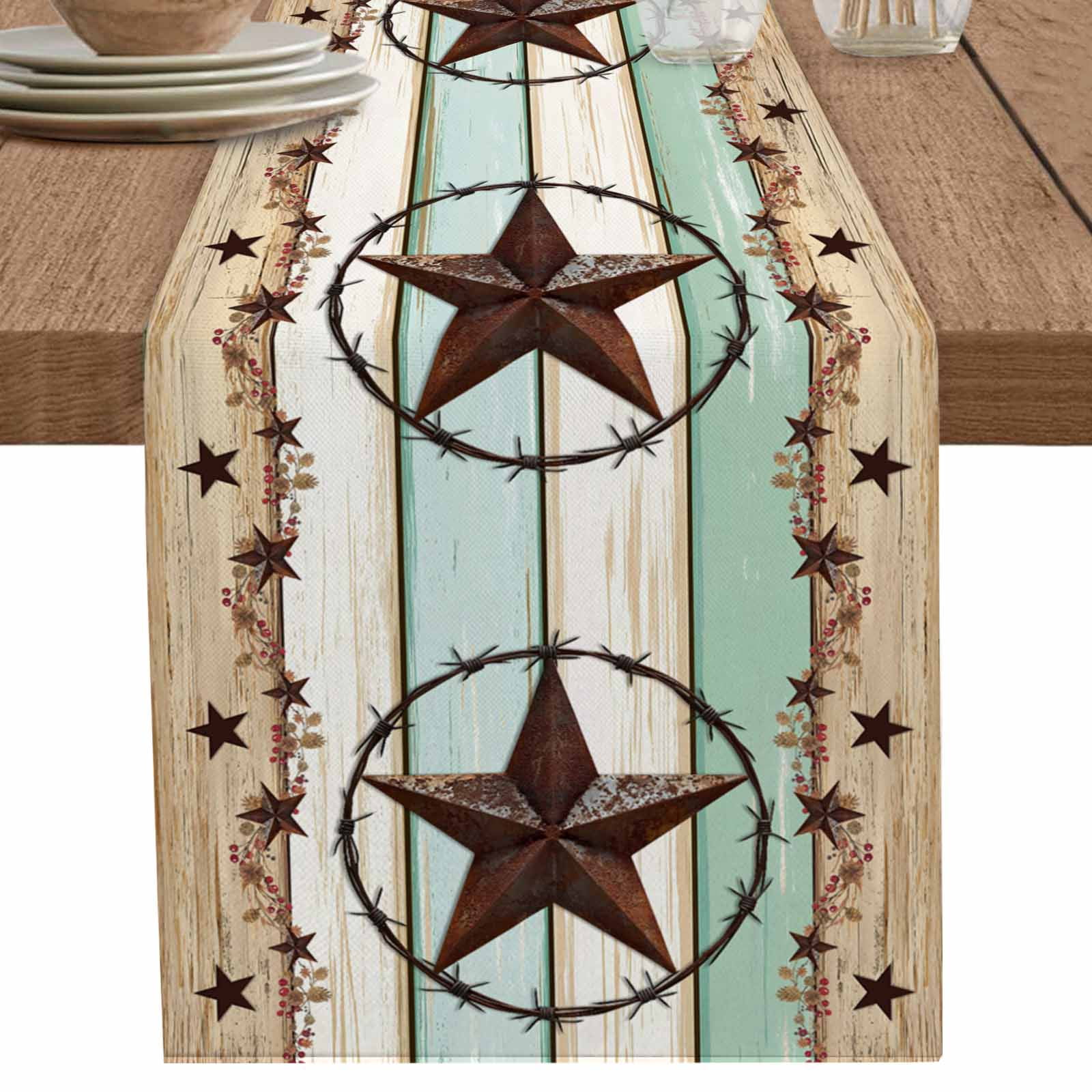nqOlkjepod Western Texas Star Green Table Runner 72 Inches Long Farmhouse Dress Scarves, Farmhouse Brown Country Vintage Dining Tablerunner for Coffee Table/Kitchen Island/Party Décor, 13" x 72"