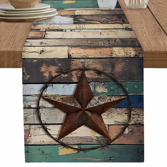 nqOlkjepod Western Texas Stars Table Runner 72 Inches Long Farmhouse Dress Scarves, Teal Brwon Vintage Wooden Plank Dining Tablerunner for Coffee Table/Kitchen Island/Party Décor, 16" x 72"