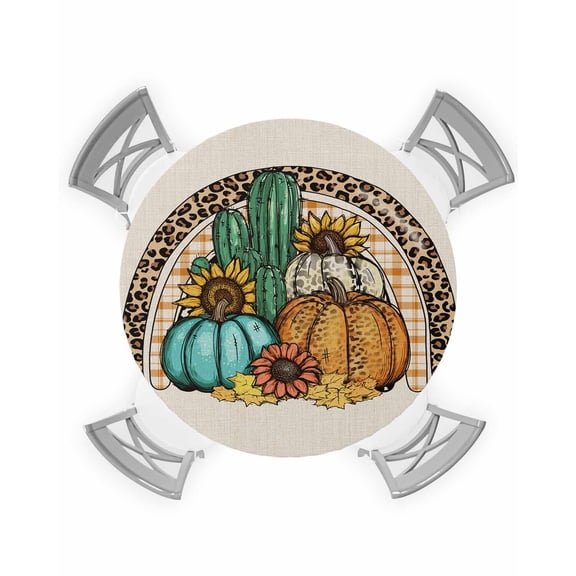 nqOlkjepod Western Thanksgiving Round Tablecloth, Fitted Table Cover with Elastic for 45"-54" Round Tables, Fall Pumpkin Cutouts Plaid Country Table Cloth Dinning Party Waterproof Tablecloths