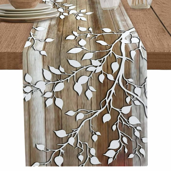 nqOlkjepod White Branches Table Runner 36 Inches Long Farmhouse Dress Scarves, Brown Beige Wooden Grain Dining Tablerunner for Coffee Table/Kitchen Island/Party Décor, Small 13" x 36"
