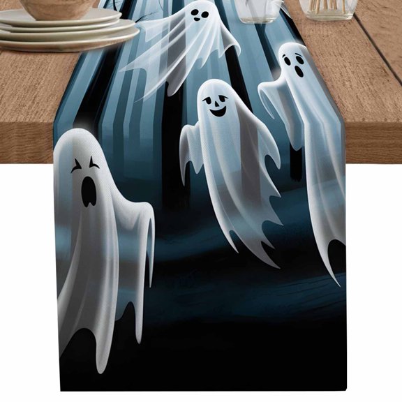 nqOlkjepod White Cute Ghost Halloween Table Runner 36 Inches Long Farmhouse Dress Scarves, Silhouettes Forest Branches Dining Tablerunner for Coffee Table/Kitchen Island/Party Décor, Small 13" x 36"