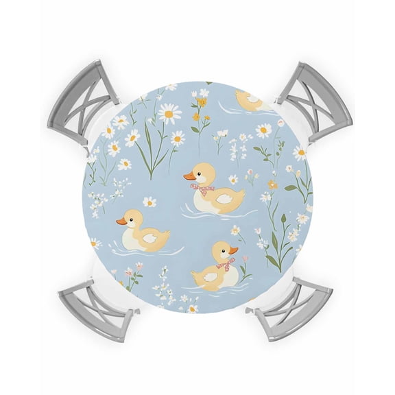 nqOlkjepod White Daisy Round Tablecloth, Fitted Table Cover with Elastic for 36"-44" Round Tables, Spring Floral Duck Greenery Blue Table Cloth Outdoor Indoor Dinning Party Waterproof Tablecloths