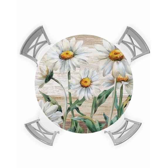 nqOlkjepod White Daisy Round Tablecloth, Fitted Table Cover with Elastic for 45"-54" Round Tables, Vintage Botanical Spring Floral Summer Table Cloth Outdoor Dinning Party Waterproof Tablecloths