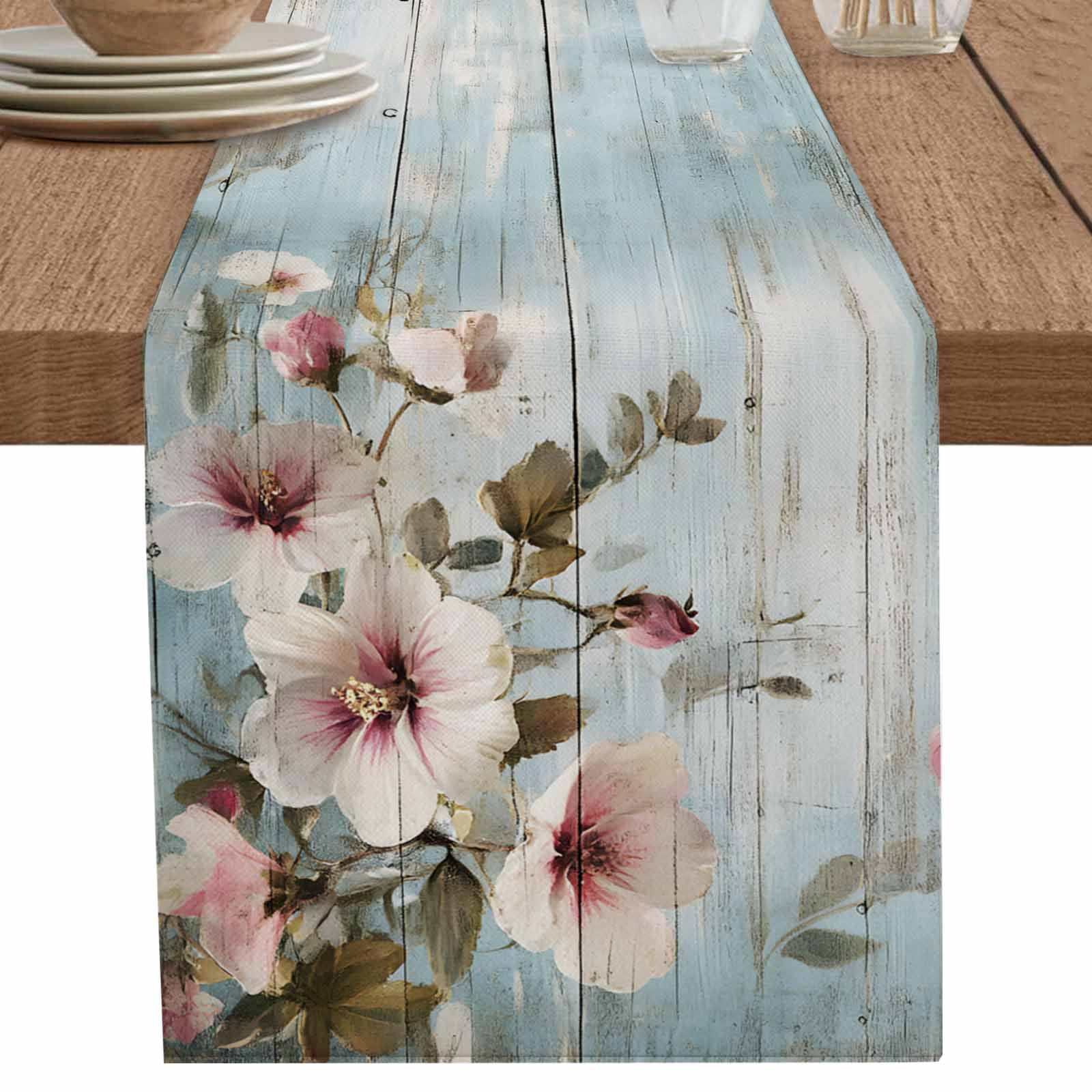 nqOlkjepod White Flowers Table Runner 72 Inches Long Farmhouse Dress ...