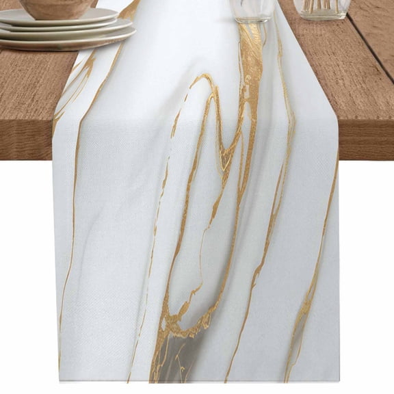 nqOlkjepod White Golden Marble Table Runner 90 Inches Long Farmhouse Dress Scarves, Modern Abstract Art Marble Dining Tablerunner for Coffee Table/Kitchen Island/Party Décor, 13" x 90"
