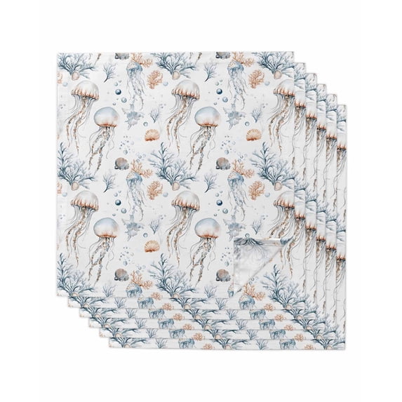 nqOlkjepod White Jellyfish Coral Cloth Napkins Set of 6 Reusable Dinner Napkins, Summer Ocean Coastal Conch Shell Cocktail Napkin Washable Table Napkins for Wedding/Holiday Party/Baby Shower 20"x20"