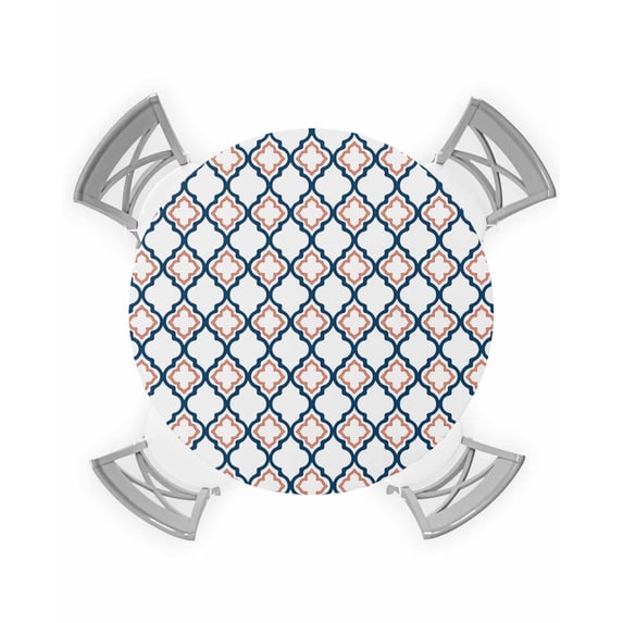 nqOlkjepod White Orange Moroccan Round Tablecloth, Fitted Table Cover with Elastic for 45"-54" Round Tables, Geometric Abstract Art Table Cloth Outdoor Indoor Dinning Party Waterproof Tablecloths