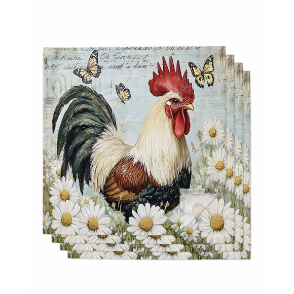 nqOlkjepod White Retro Rooster Cloth Napkins Set of 4 Reusable Dinner Napkins, Spring Floral Farmhouse Watercolor Cocktail Napkin Washable Table Napkins for Wedding/Holiday Party/Baby Shower 20"x20"